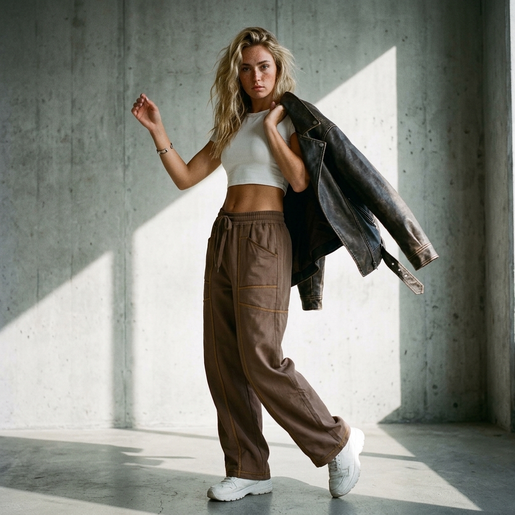 Brown banana pants in studio styling