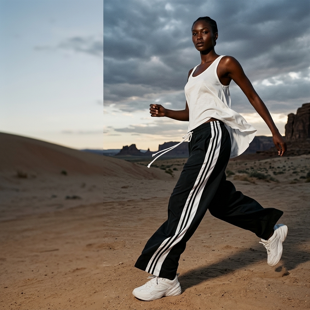 Model wearing relaxed black striped pants