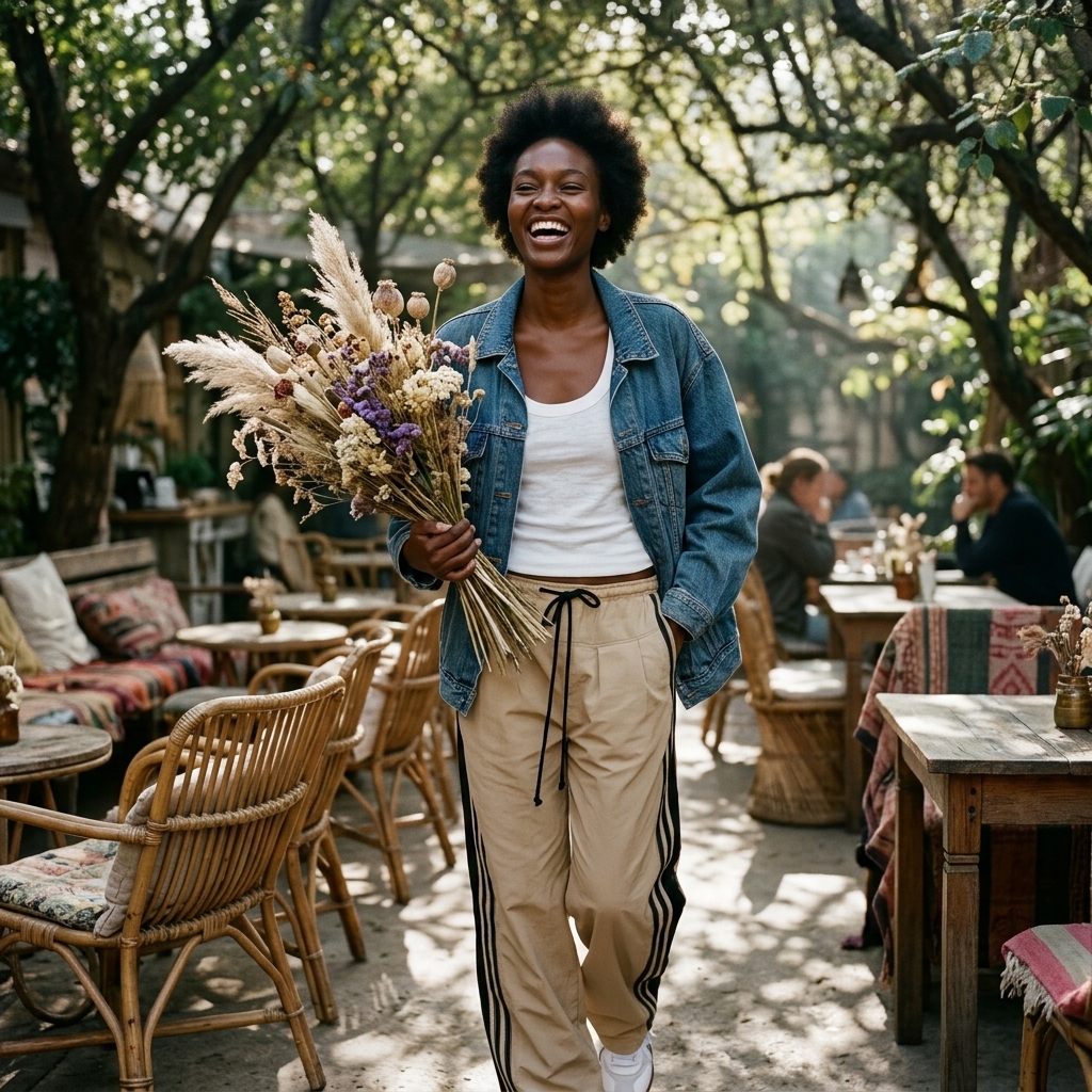 Khaki striped pants styled outdoors